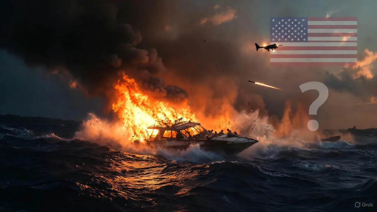 Image Prompt Craft a tense, cinematic header image: A dramatic night scene of a fiery speedboat explosion in dark Caribbean waters, drone silhouette overhead launching a second missile at wreckage with survivors faintly visible, overlaid with faint U.S. flag and question mark icons, in moody blue-orange tones evoking urgency and ethical dilemma. High-res 16:9, photorealistic with ocean spray effects. Alt texts: Dramatic illustration of Trump's boat attack second strike on Venezuelan vessel December 2025 Visual of U.S. drone strike controversy in Caribbean waters with explosion and debris
