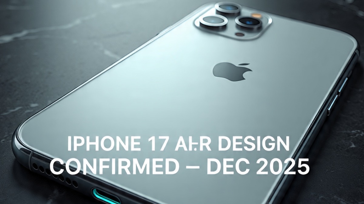 “Ultra-realistic leaked prototype render: Sleek silver iPhone 17 Air (5.5mm thin) lying flat on a dark marble table, showcasing horizontal pill-shaped camera bar with three glowing lenses at the top edge. Subtle Dynamic Island notch visible, Pantone teal accents. Bold leaked watermark text overlay: ‘IPHONE 17 AIR DESIGN CONFIRMED – DEC 2025’. Soft studio lighting, high-end Apple unboxing style, 8K photorealistic.”