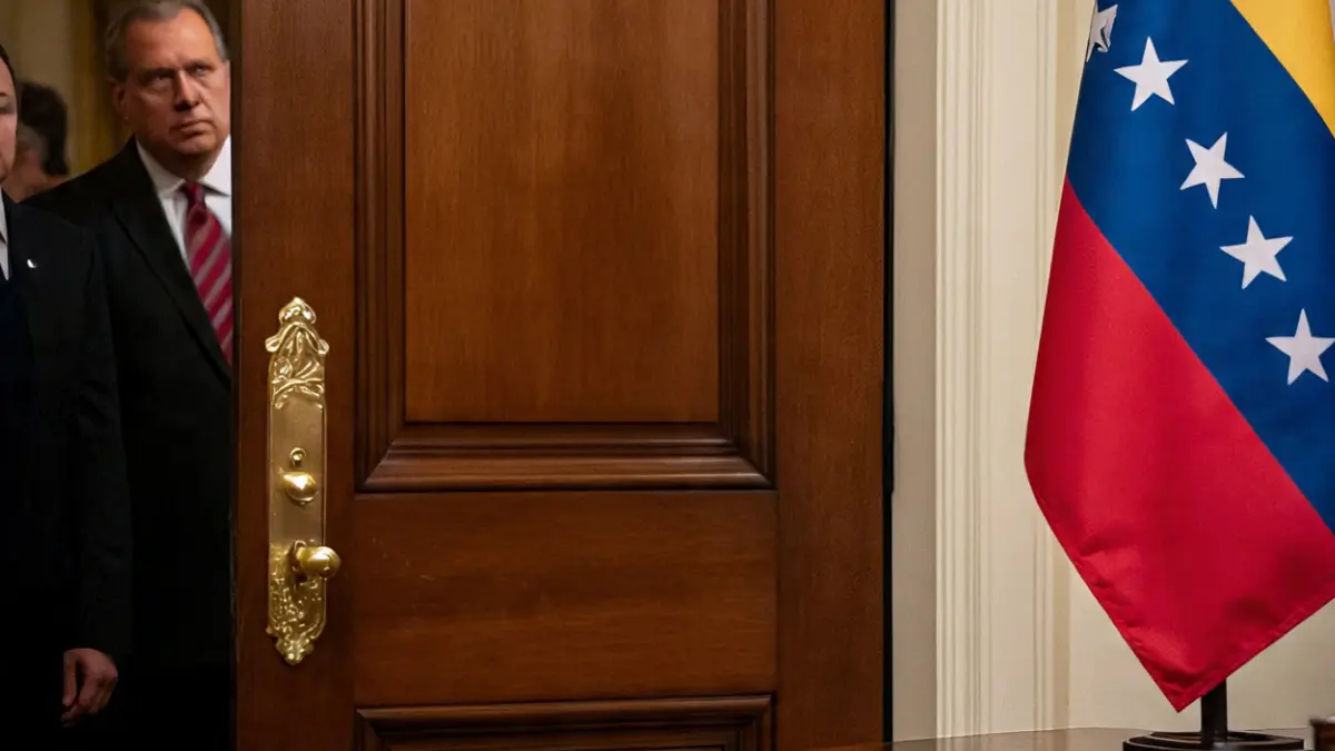 Featured Image Prompt (Bonus) 1200x675 px realistic news photo of Oval Office door with national security advisors entering, Venezuelan flag subtle in foreground; neutral editorial tone, tense shadows from desk lamp.